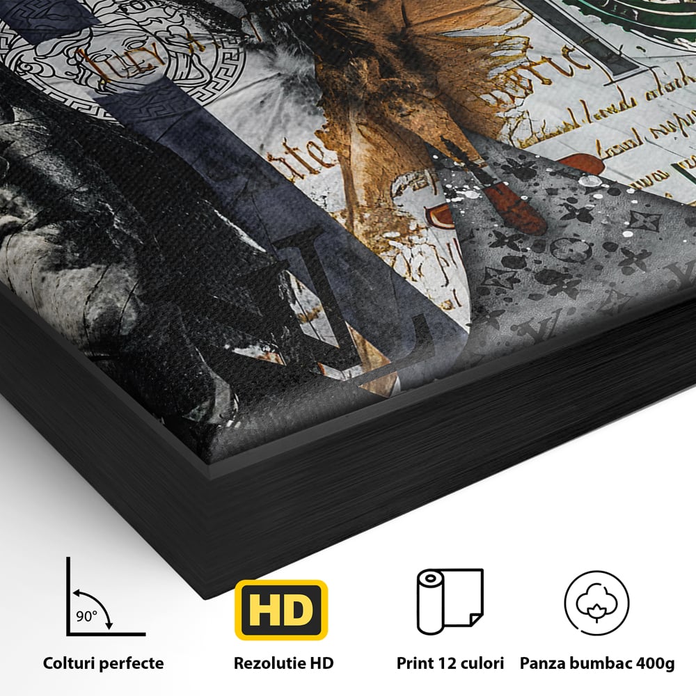 Detaliu al suprafetei: tablou canvas cu fluture din bani, in rama de aluminiu negru